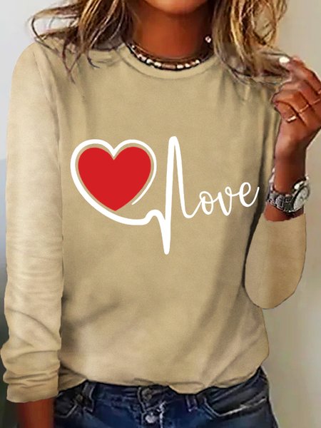 

Women's Love Simple Heart Cotton-Blend Long Sleeve Top, Khaki, Long sleeves