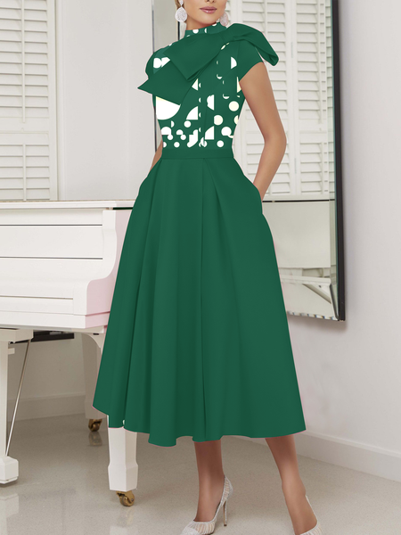 

High Elasticity Stand Collar Geometric Elegant Regular Fit Dress, Green, Midi Dresses