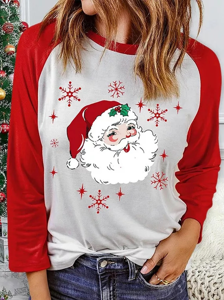 

Christmas Casual Raglan Sleeve Loose Crew Neck Santa Claus T-Shirt, White-red, Tops