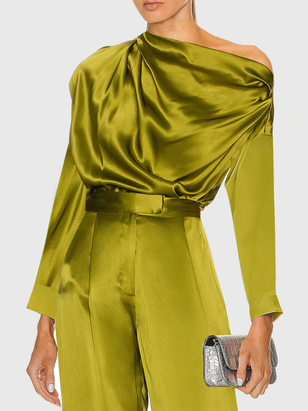 

Elegant Asymmetrical Loose Long sleeve Top, Green, Linen Tops