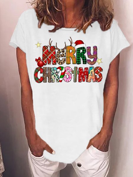 

Women's Merry Christmas Funny Graphic Print Casual Cotton-Blend Crew Neck T-Shirt, White, T-shirts