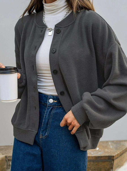 

Casual Plain Drop Shoulder Bomber Jacket, Gray, Jackets
