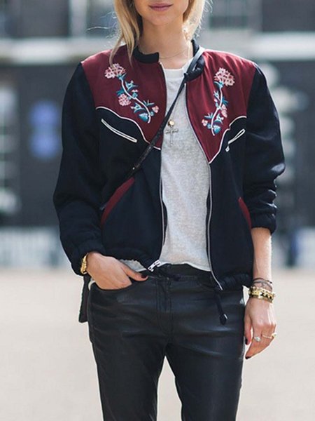 

Loose Crew Neck Elegant Floral Jacket, Black, Jackets
