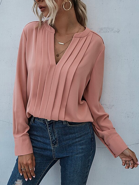 

V Neck Urban Plain Blouse, Pink, Shirts & Blouses