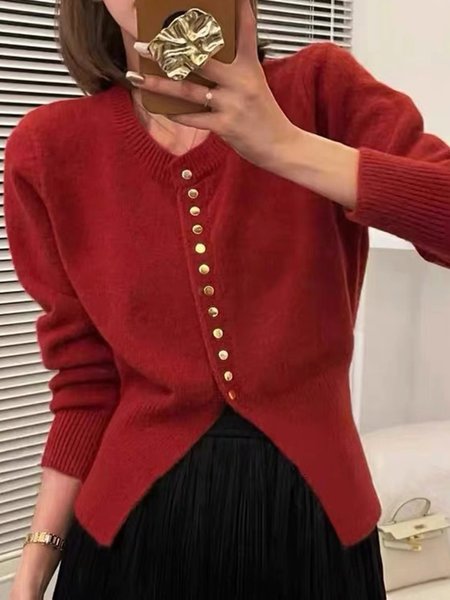 

Elegant Crew Neck Buttoned Sweater Cardigan, Red, Cardigans