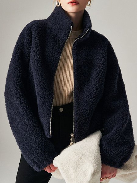 

Turtleneck Loose Plain Simple Urban Teddy Jacket, Navyblue, Others