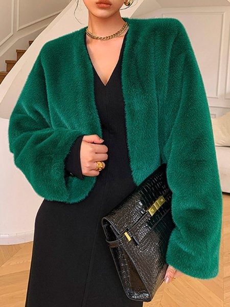 

Elegant Plain Simple Long Sleeve Teddy Jacket, Green, Others
