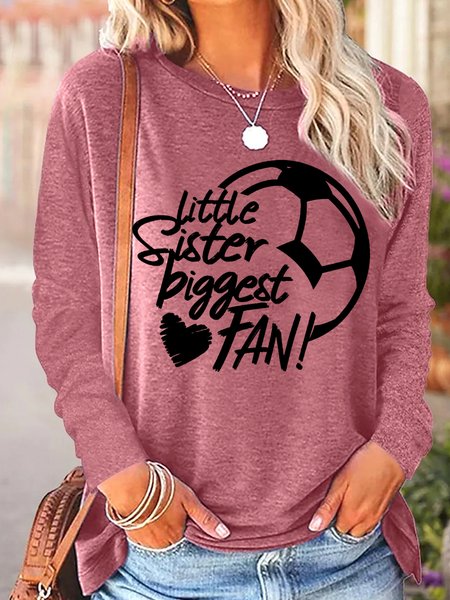 

Women's Funny Word Soccer Little Sister Biggest Fan Cotton-Blend Simple Crew Neck Long Sleeve Top, Pink, Long sleeves