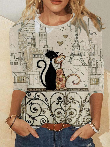 

Women‘s Love Cat Regular Fit Simple Animal Long Sleeve Top, Khaki, Long sleeves