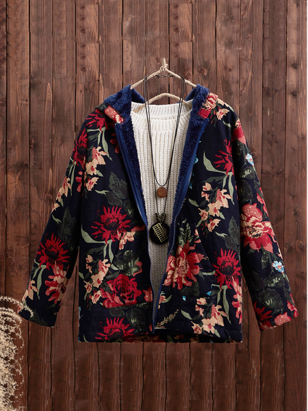 

Floral Casual Fluff/Granular Fleece Fabric Hoodie Blazer, Dark blue, Coats