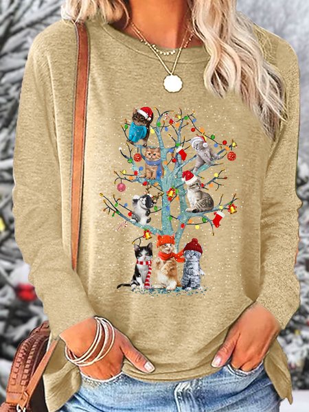 

Women's Christmas Cat Tree Casual Crew Neck Top, Apricot, Long sleeves