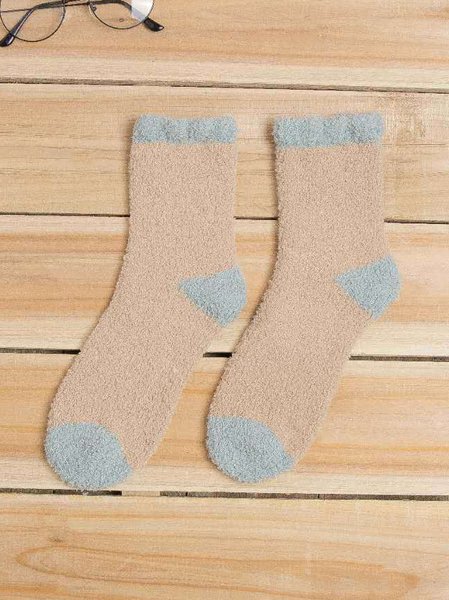

Casual Coral Fleece Contrast Color Socks Autumn Winter Thickened Warm Accessories, Khaki, Socks