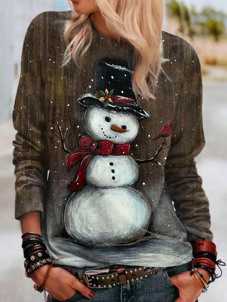 Casual Crew Neck Christmas Sweatshirt, Brown, Sweatshirts & Hoodies
