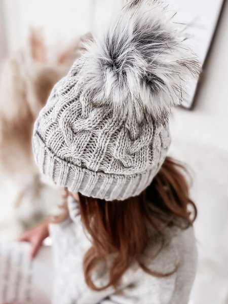 

Plain Jacquard Wool Ball Knit Hat, Gray, Women Hats