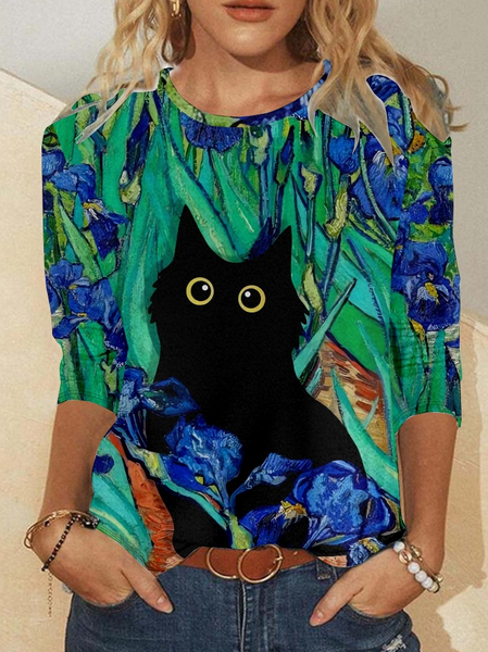 Women's Black Cat Regular Fit Crew Neck Simple Long Sleeve Top, Green, Long sleeves