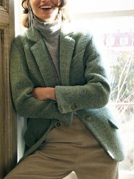 

Woolen Casual Lapel Collar Plain Overcoat, Green, Blazers