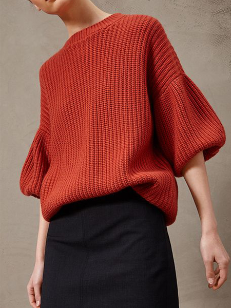 

Plain Wool/Knitting Crew Neck Elegant Sweater, Red, Pullovers