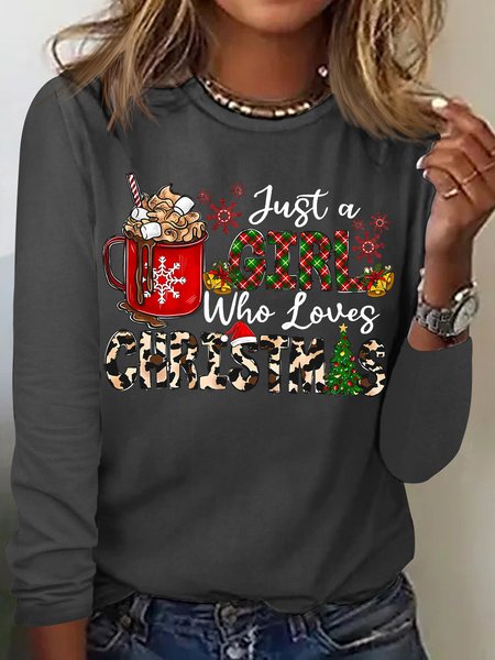 

Women's Just A Girl Wholoves Christmas Leopard Graphic Print Christmas Cotton-Blend Casual Top, Gray, Long sleeves