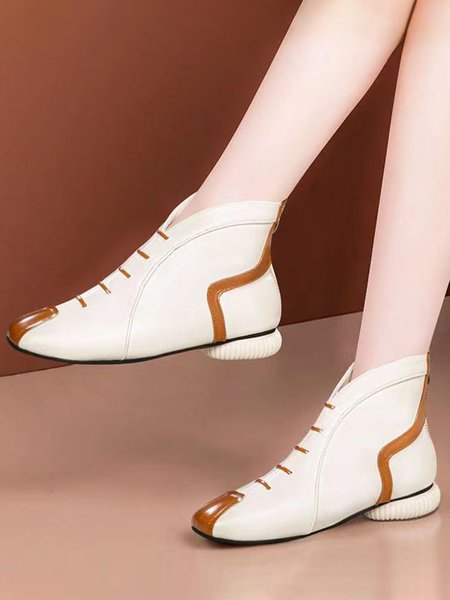 

Vintage Casual Contrast Splice Back Zipper Soft Bottom Boots, White, Boots