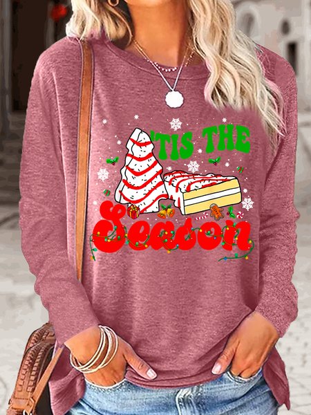 

Women's Holiday Little Tis' The Season Christmas Tree Cakes Casual Top, Rose red, Long sleeves