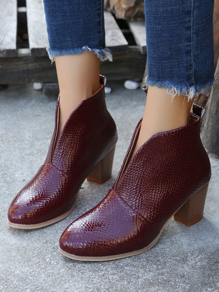 

V Toe Cap Wine Red Thick Heel Ankle Boots, Boots