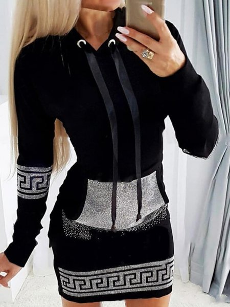Regular Fit Color Block Casual Hoodie Dress, Black, Dresses