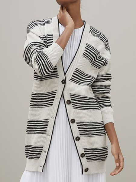 

Striped Elegant Wool/Knitting V Neck Sweater, Black-white, Pullovers