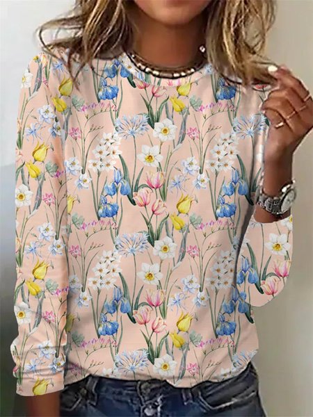 

Crew Neck Casual Floral T-Shirt, Multicolor, T-Shirts