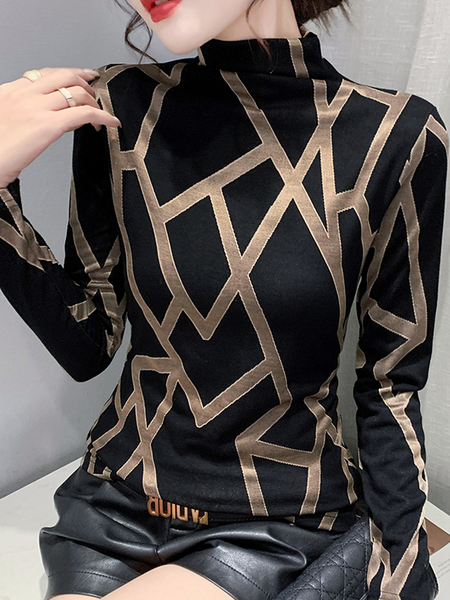 

High Elasticity Regular Fit Stand Collar Long sleeve Urban T-Shirt, Black, Tees
