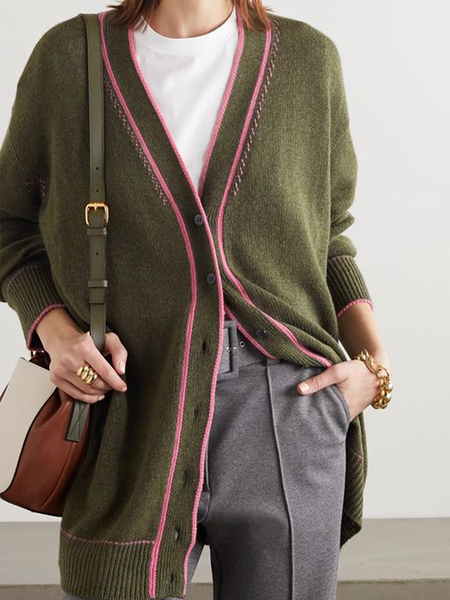 

Wool/Knitting Elegant V Neck Sweater, Green, Pullovers