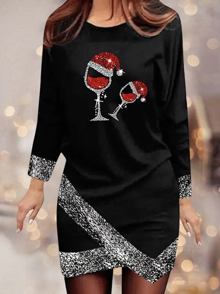 

Christmas Casual Loose Crew Neck Dress, Black, Mini Dresses