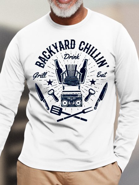 

Men's Backyard Chillin Drink Funny Graphic Print Crew Neck Cotton Loose Casual Top, White, Long Sleeves
