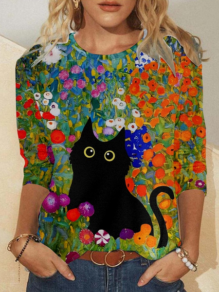 

Women's Black Cat Crew Neck Simple Long Sleeve Top, As picture, Long sleeves