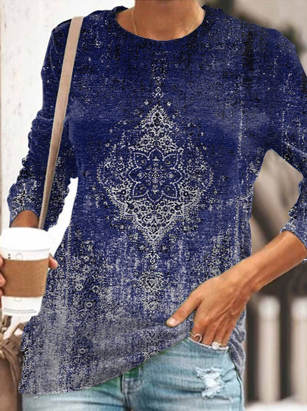 

Boho Crew Neck Printing T-Shirt, Blue, T-Shirts