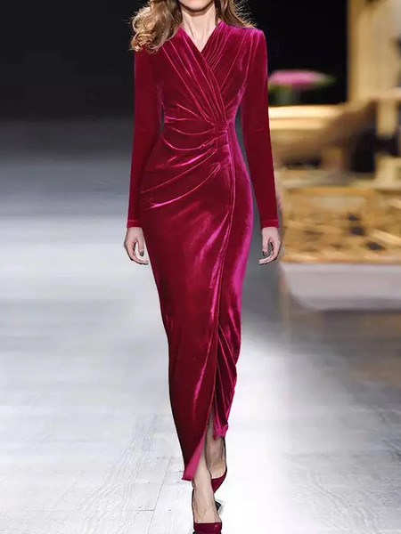 

Micro-Elasticity V Neck Long sleeve Elegant Regular Fit Plain Dress, Red, Maxi Dresses