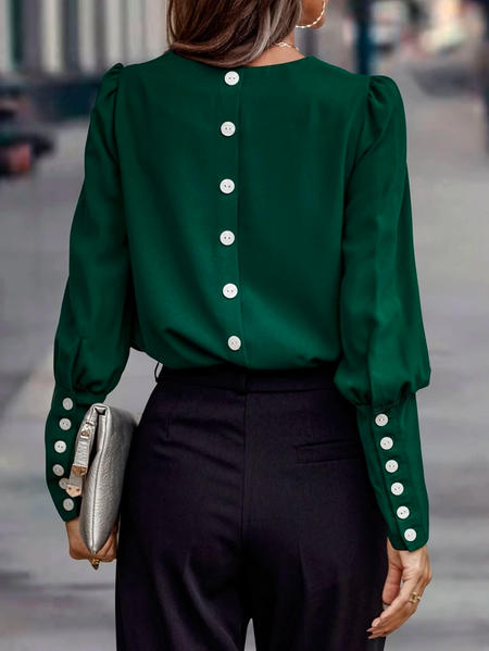 

Loose Plain Urban V Neck Top, Green, Tops