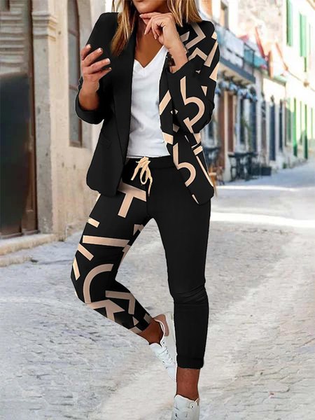 

Polyester Cotton Urban Lapel Collar Text Letters Two-Piece Set, Black, Suit Set