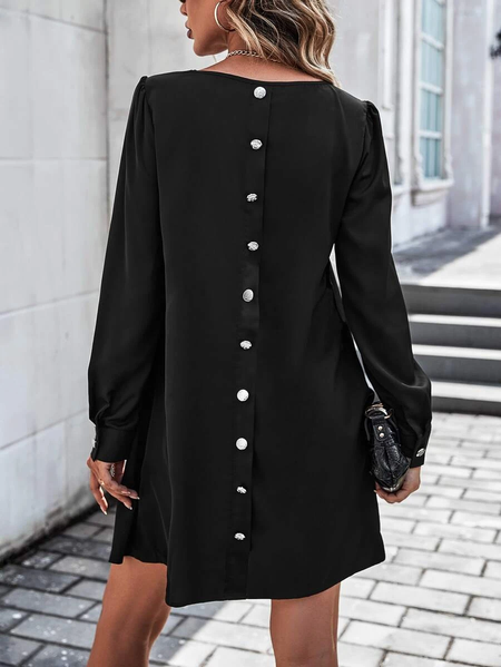 

Buttoned Urban Plain Crew Neck Dress, Black, Dresses