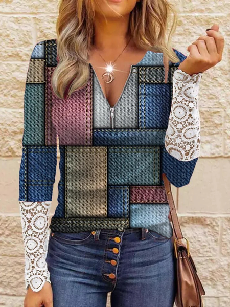

Casual Color Block Lace Sleeve Regular Fit T-Shirt, Multicolor, T-Shirts