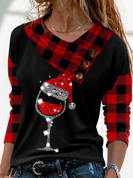 

Casual Loose Plaid Crew Neck Top, Red, Tops