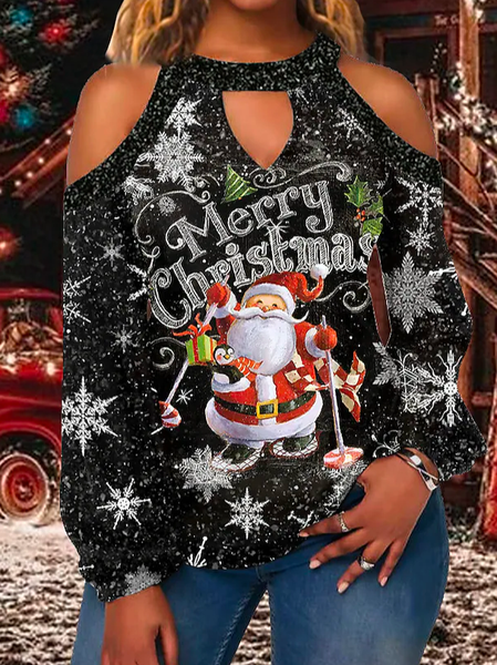 

Loose Color Block Casual Crew Neck Christmas Top, Black, Tops