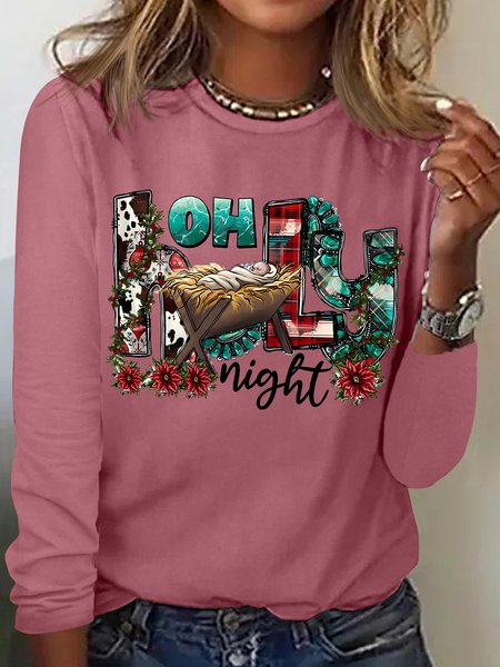 

Women's Oh Holy Night Christmas Religion Graphic Print Crew Neck Casual Top, Red, Long sleeves