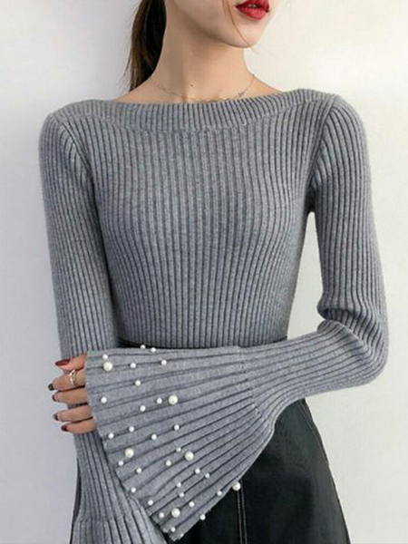 

Elegant Wool/Knitting Plain Crew Neck Sweater, Gray, Pullovers