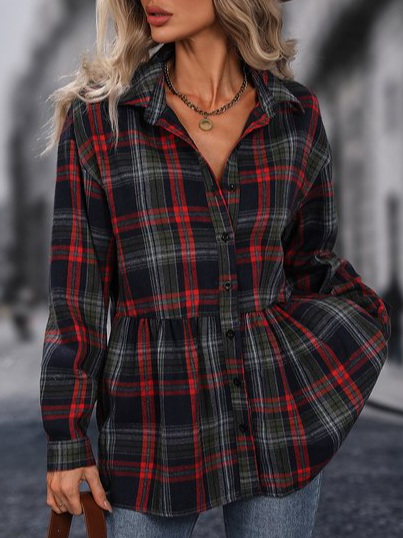 

Shirt Collar Casual Plaid Blouse, Red, Shirts & Blouses