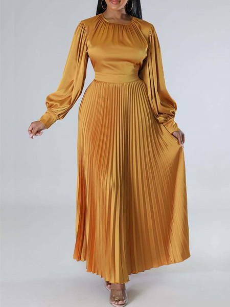 

Crew Neck Long sleeve Elegant Plain Regular Fit Long Dress, Yellow, Maxi Dresses