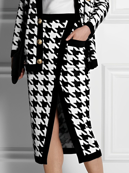

Plaid Wool/Knitting Elegant Regular Fit Skirt, Black-white, Sweaters
