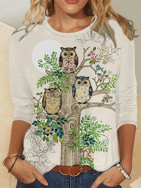 

Women's Funny Owl Crew Neck Animal Simple Long Sleeve Top, Light khaki, Long sleeves