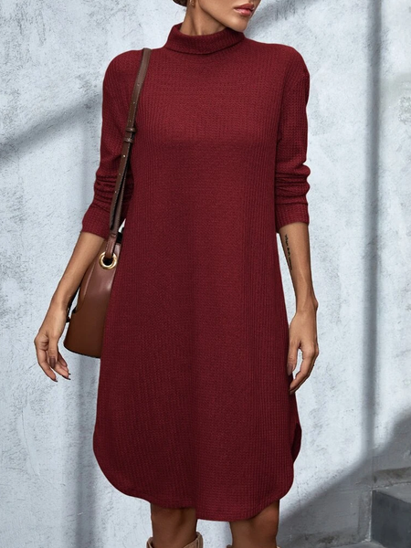 

Waffle Textured Turtleneck Long Sleeve Loose Dress, Wine red, Mini Dresses