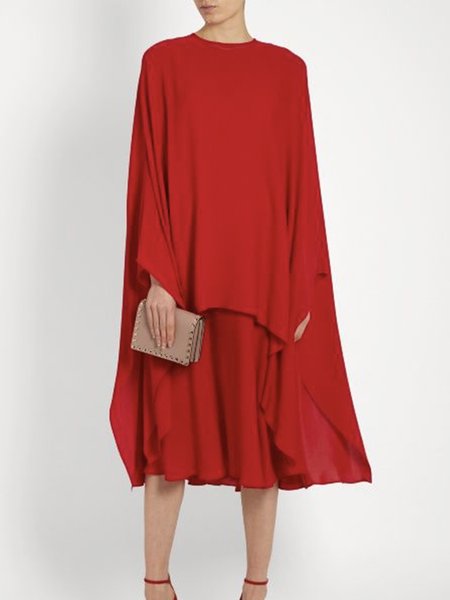 

Plain Elegant Crew Neck Midi Party Dress, Red, Midi Dresses