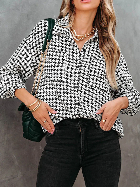 

Shirt Collar Geometric Loose Casual Blouse, Black-white, Shirts & Blouses